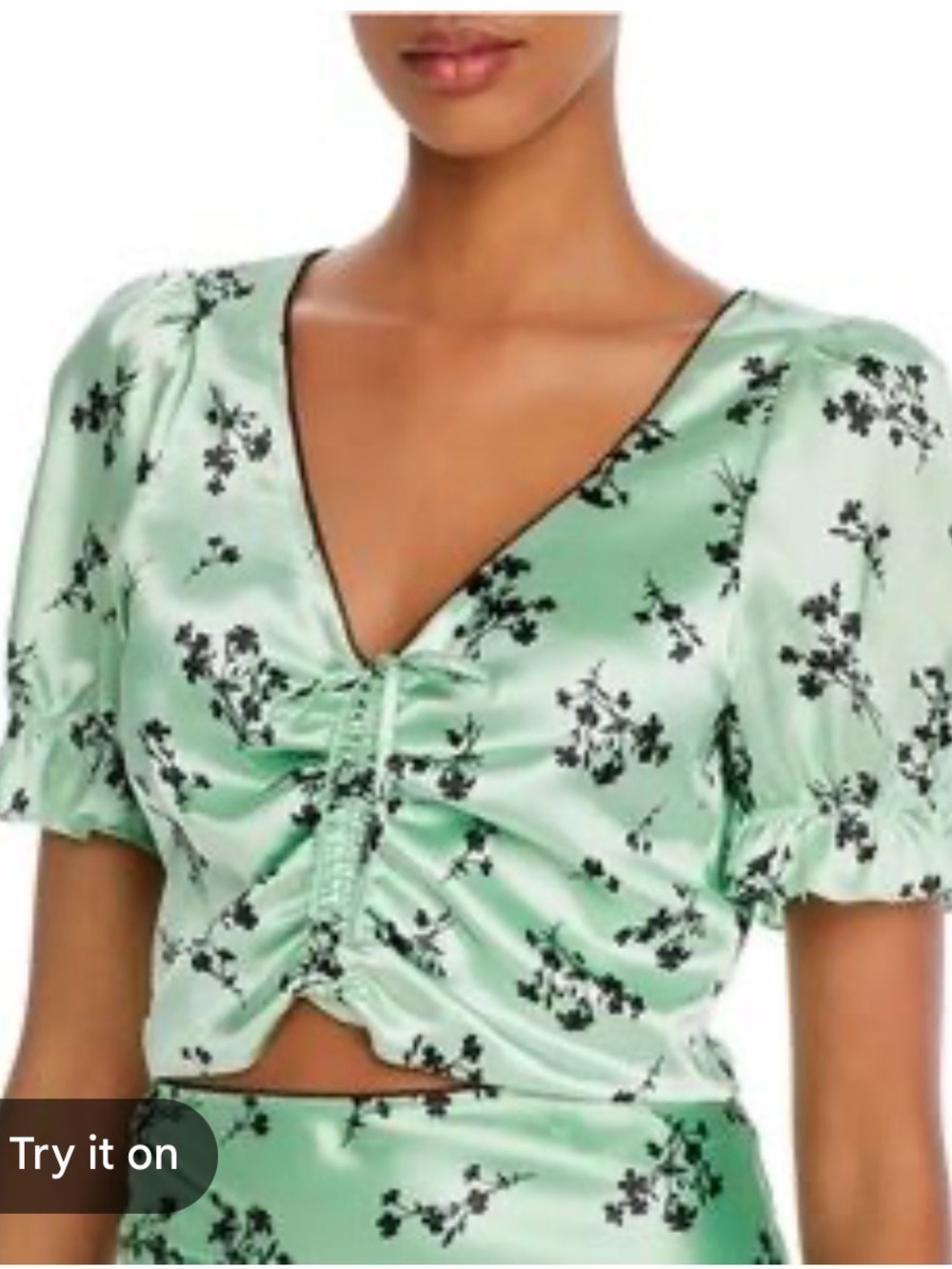 Likely Mona Botanical Mint Green Satin Floral Ruched V-Neck Crop Top